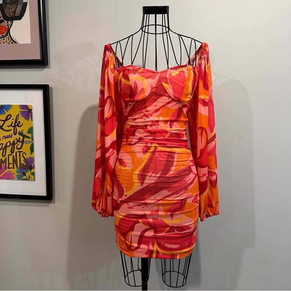 Abstract Print Mesh Mini Dress with Long Sleeves